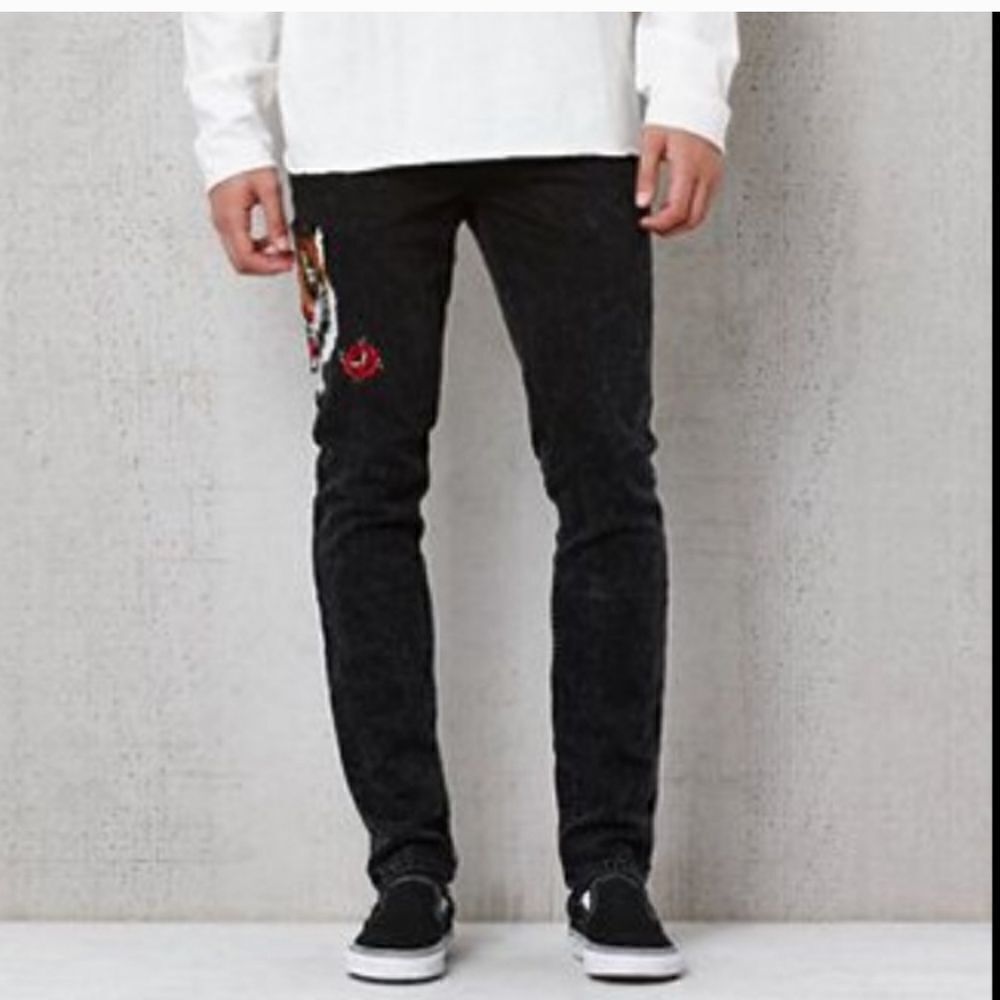 Pacsun Mens Black Skinny Jeans with Lion Cat and Roses Suze 29×30